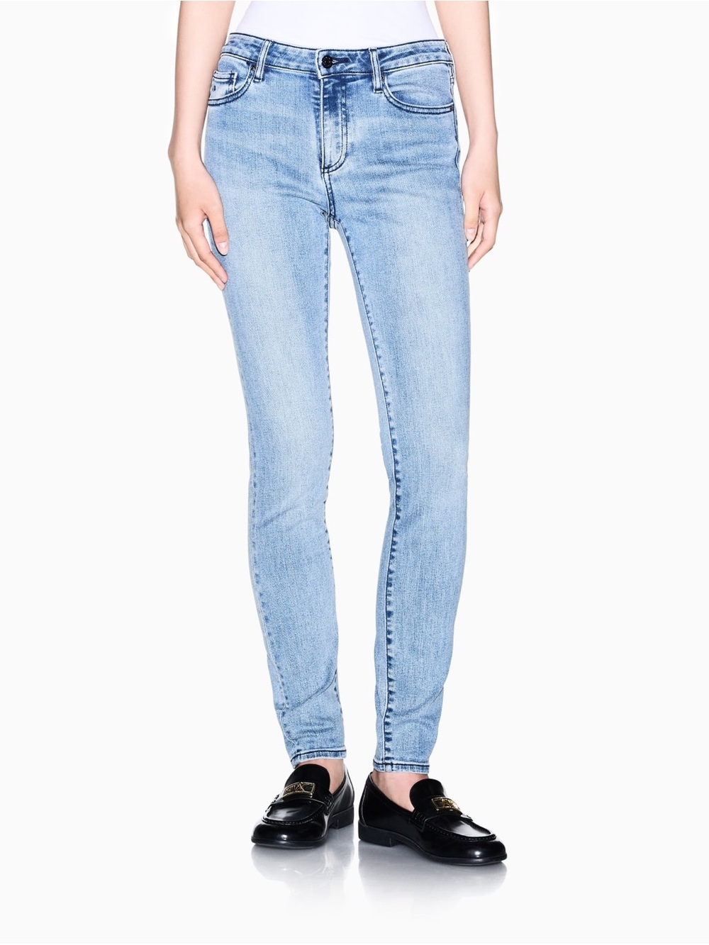 Armani Exchange | Mid-Rise Light Wash Factory Faded Denim Designer Skinny Jeans - Picture 2 of 16